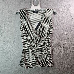 NWT Tahari Sleeveless Wrap Top Women XS Fitted Geometric‎ White Black Dark Green